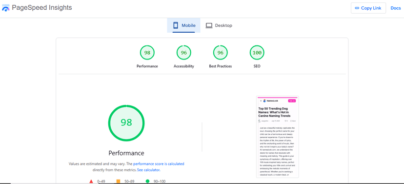 Google PageSpeed Results